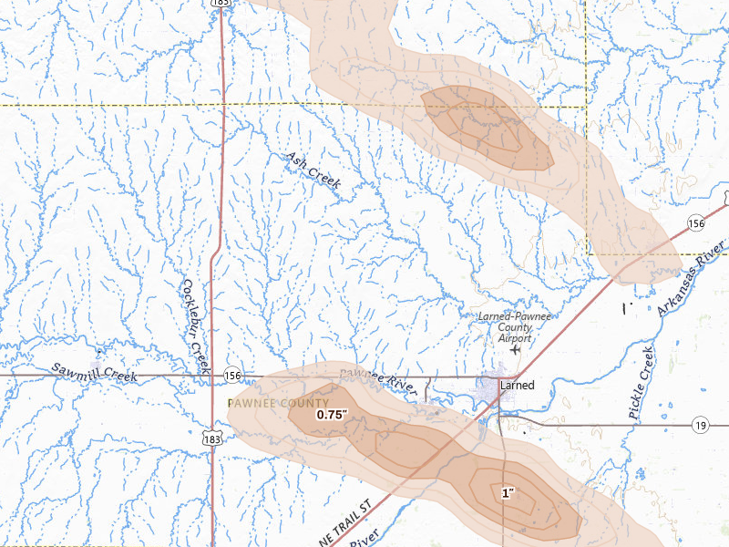Radar-estimated hail-size map of the storm over Larned, KS on Apr 25, 2026