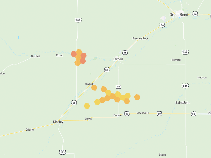 Hail map of Larned, KS on Jun 2, 2026, hail up to 1.5"