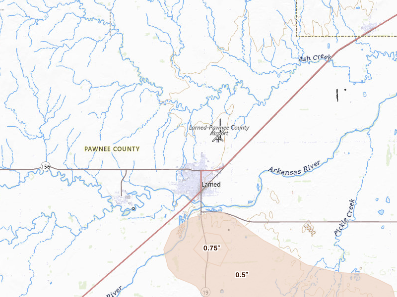 Radar-estimated hail-size map of the storm over Larned, KS on Jun 25, 2026
