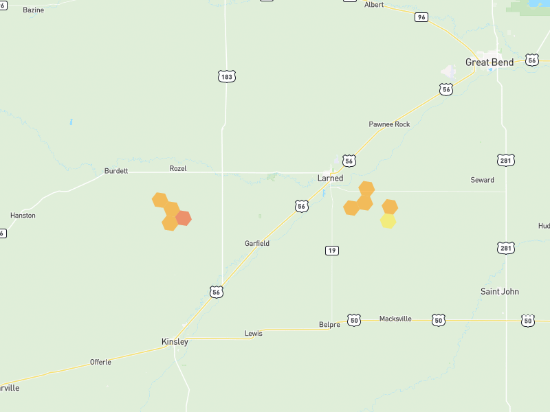 Hail map of Larned, KS on Jun 26, 2026, hail up to 1.5"