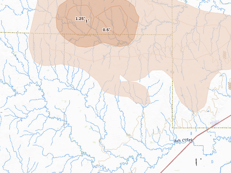 Radar-estimated hail-size map of the storm over Larned, KS on Aug 18, 2026