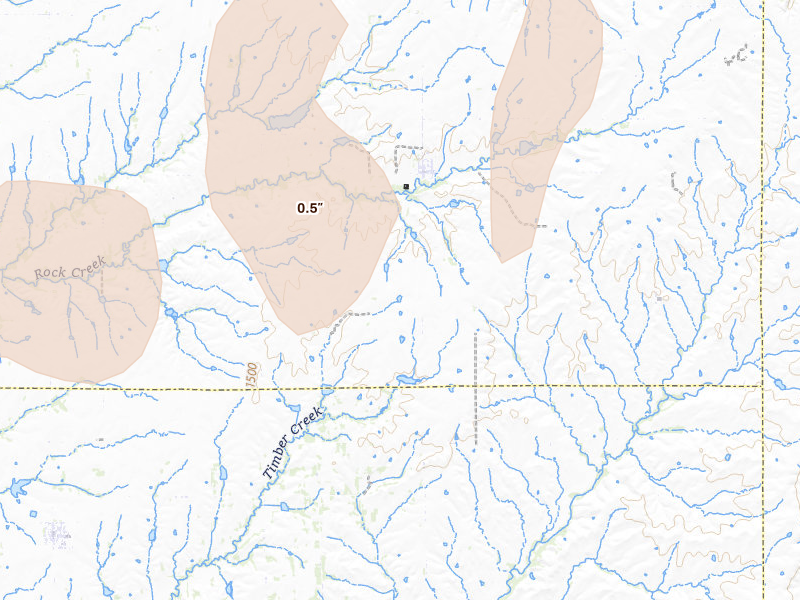 Radar-estimated hail-size map of the storm over Latham, KS on Mar 10, 2026