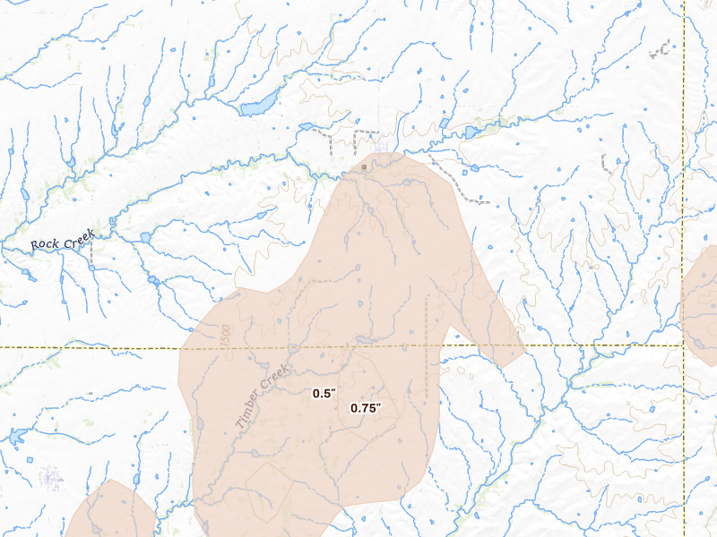 Radar-estimated hail-size map of the storm over Latham, KS on May 18, 2026