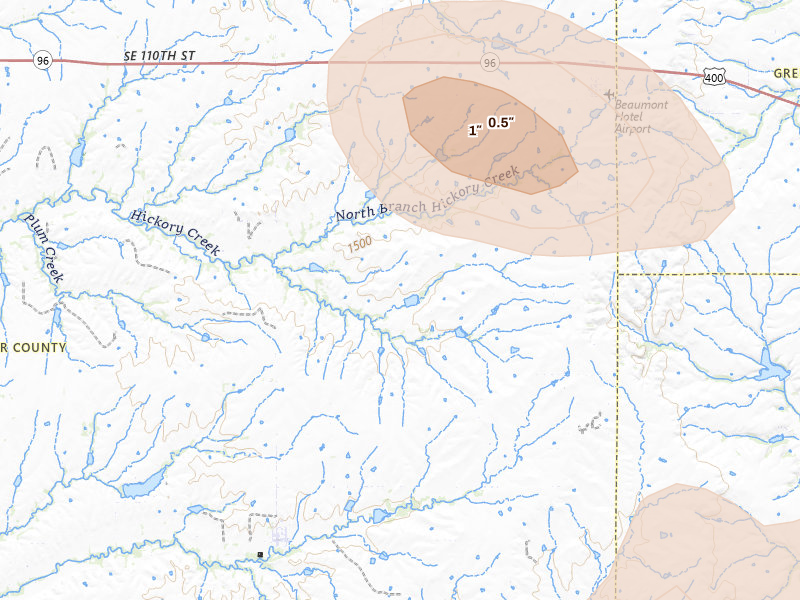 Radar-estimated hail-size map of the storm over Latham, KS on Jul 4, 2026