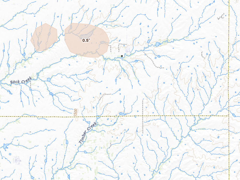 Radar-estimated hail-size map of the storm over Latham, KS on Jul 10, 2026