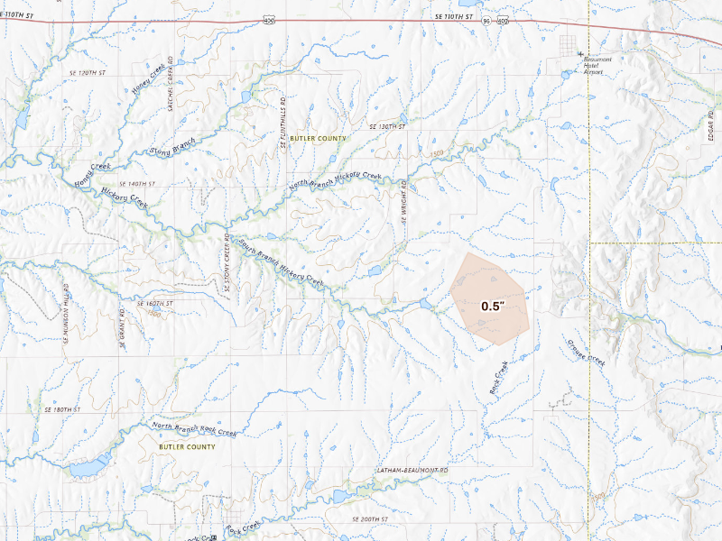 Radar-estimated hail-size map of the storm over Latham, KS