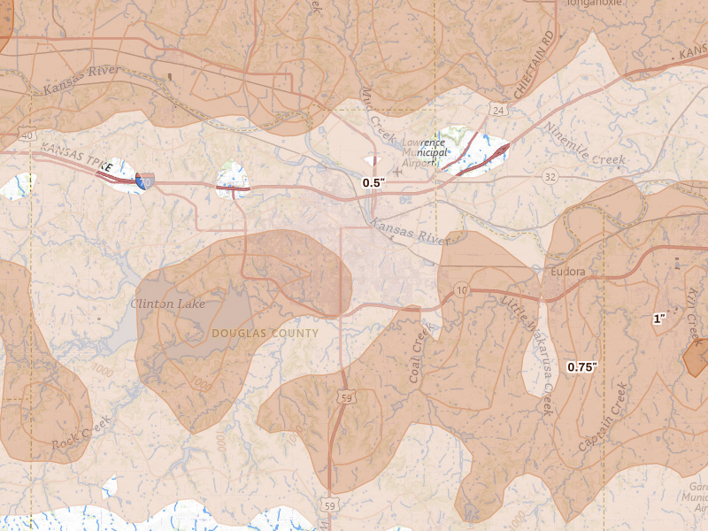 Radar-estimated hail-size map of the storm over Lawrence, KS on Apr 26, 2026