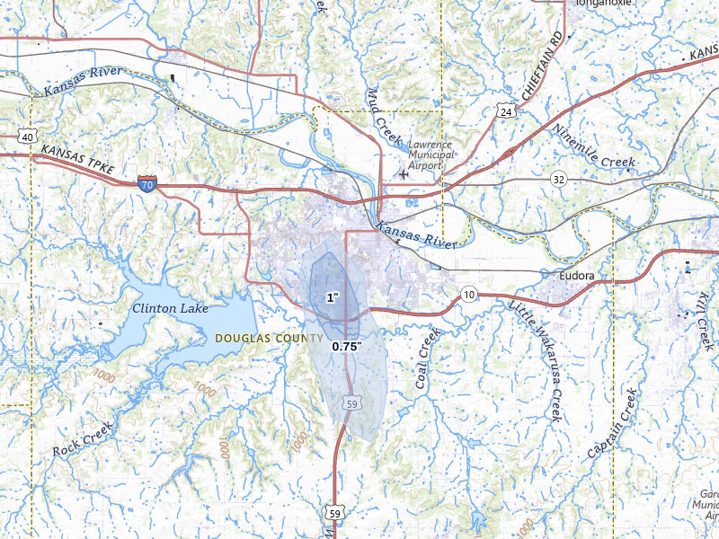 NEXRAD radar-signature map of the hail storm over Lawrence, KS on May 30, 2026