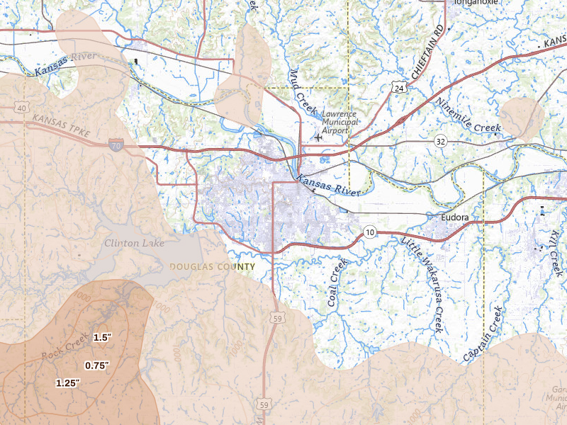 Radar-estimated hail-size map of the storm over Lawrence, KS on Jun 8, 2026