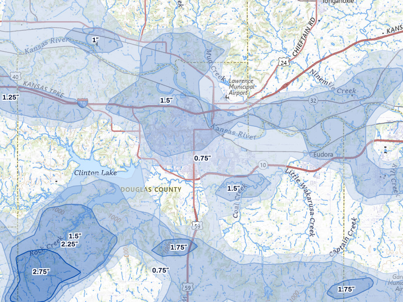 NEXRAD radar-signature map of the hail storm over Lawrence, KS on Jun 8, 2026