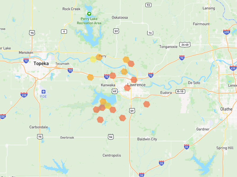 Hail map of Lawrence, KS on Jun 9, 2026, hail up to 1.75"