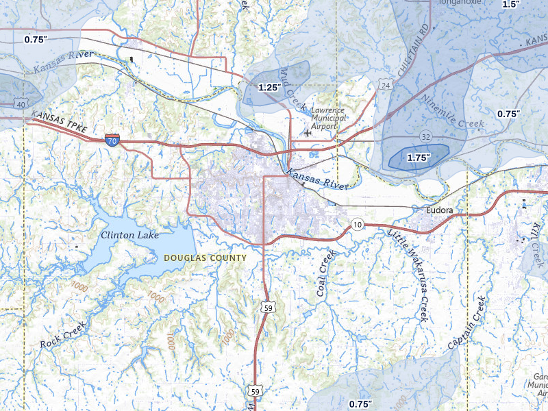 NEXRAD radar-signature map of the hail storm over Lawrence, KS on Jul 8, 2026