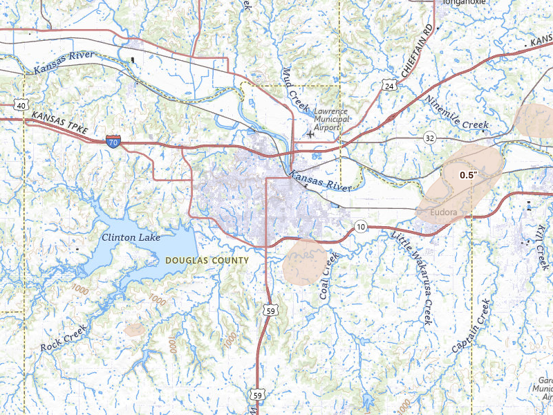 Radar-estimated hail-size map of the storm over Lawrence, KS on Jul 9, 2026