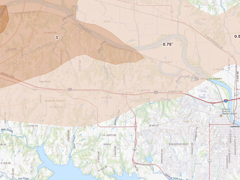 Radar-estimated hail-size map of the storm over Lawrence, KS