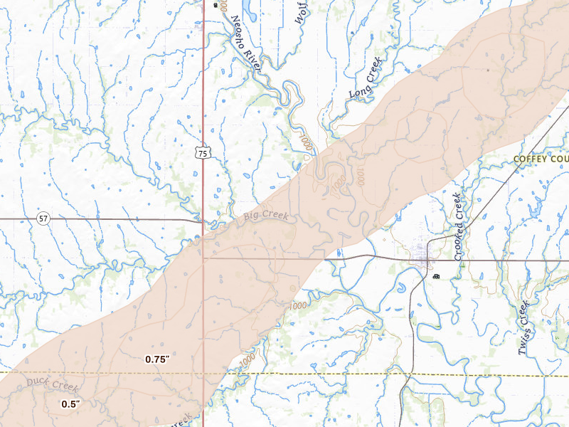 Radar-estimated hail-size map of the storm over Le Roy, KS on Mar 31, 2026