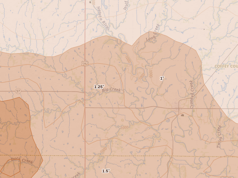 Radar-estimated hail-size map of the storm over Le Roy, KS on Apr 26, 2026