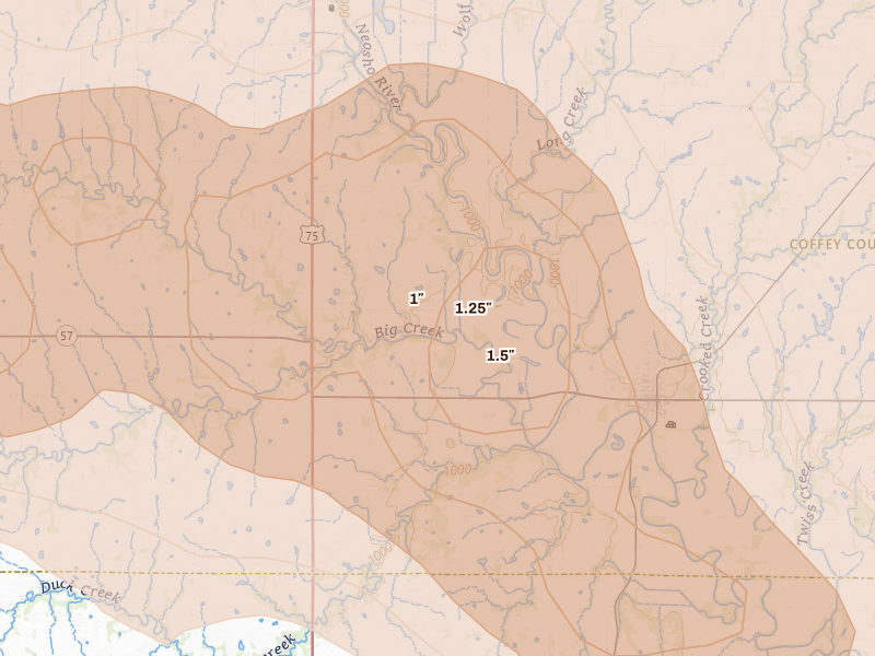Radar-estimated hail-size map of the storm over Le Roy, KS on May 31, 2026