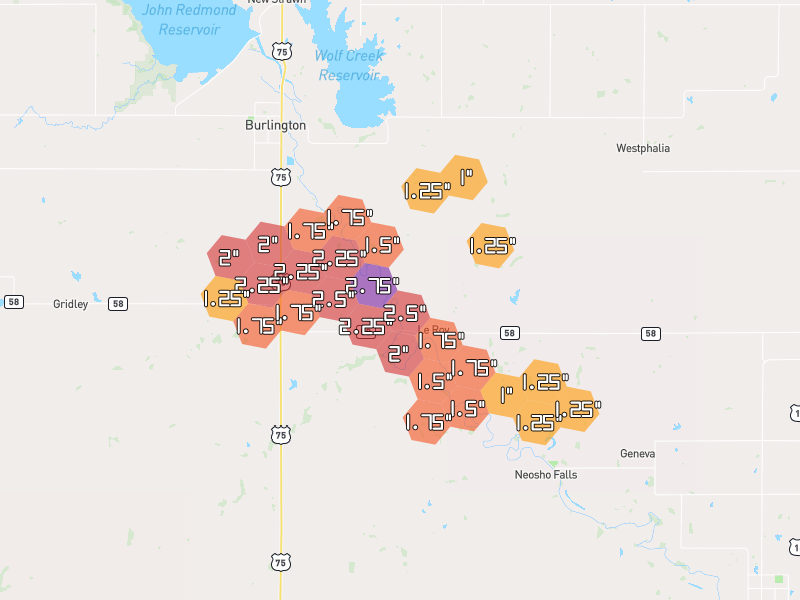 Hail map of Le Roy, KS on Jun 1, 2026, hail up to 2.75"
