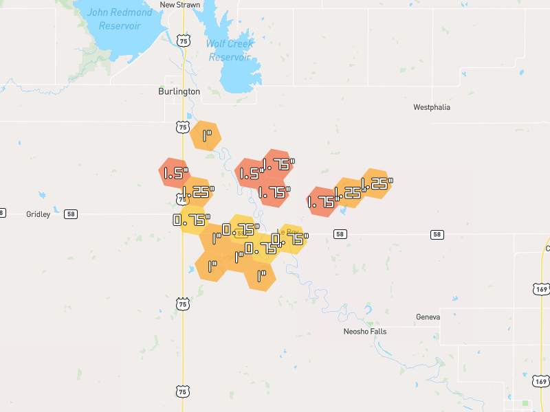 Hail map of Le Roy, KS on Jun 9, 2026, hail up to 1.75"
