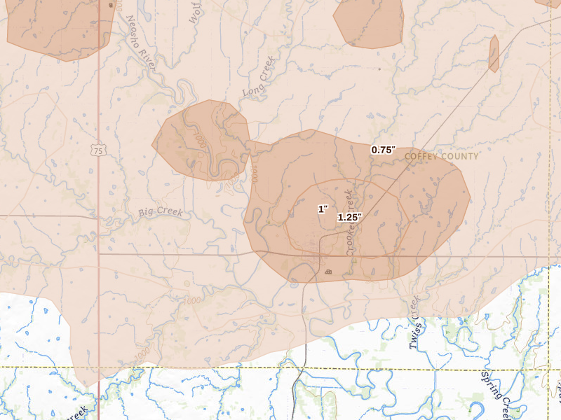 Radar-estimated hail-size map of the storm over Le Roy, KS on Aug 5, 2026