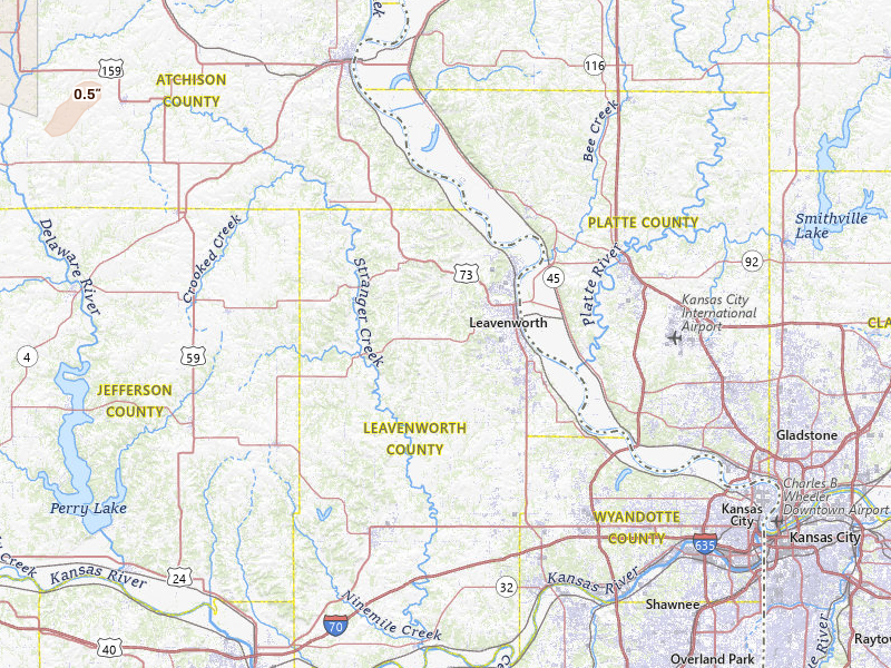 Radar-estimated hail-size map of the storm over Leavenworth, KS on Mar 5, 2026