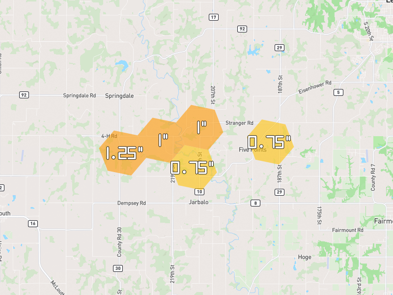 Hail map of Leavenworth, KS on Jun 1, 2026, hail up to 1.25"