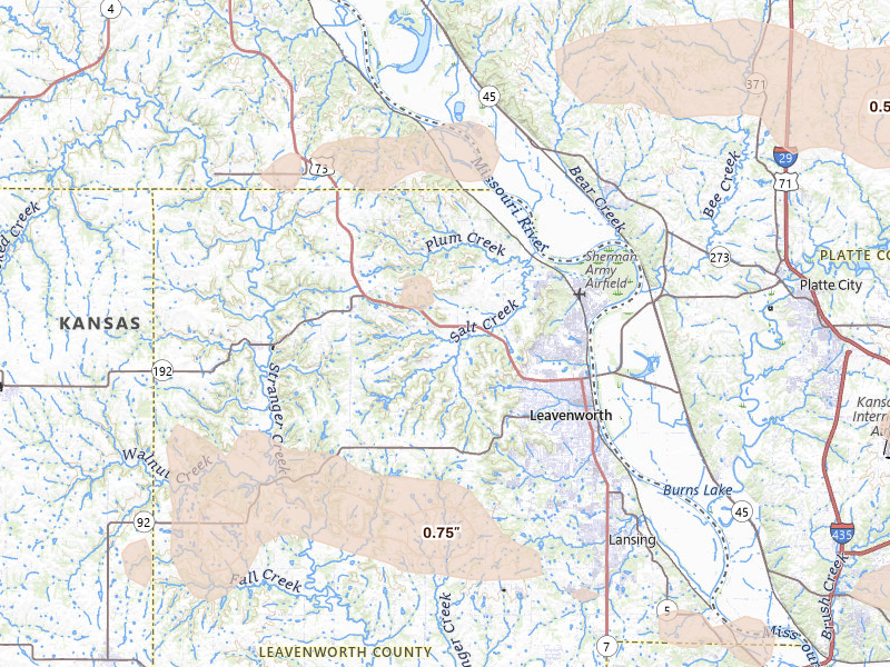 Radar-estimated hail-size map of the storm over Leavenworth, KS on Aug 5, 2026