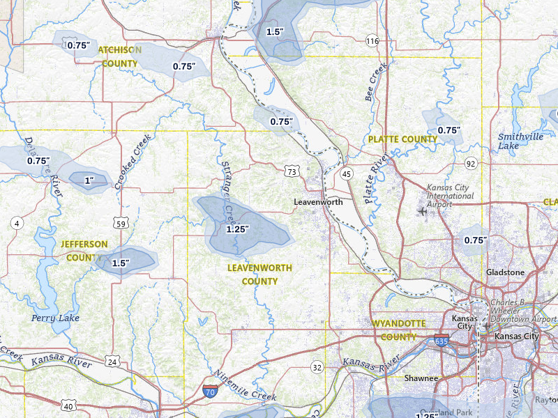 NEXRAD radar-signature map of the hail storm over Leavenworth, KS on Aug 5, 2026