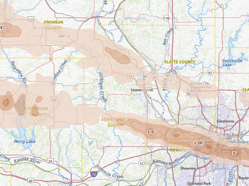 Radar-estimated hail-size map of the storm over Leavenworth, KS on Aug 18, 2026