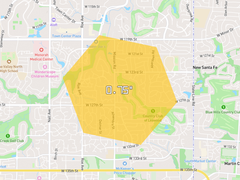 Hail map of Leawood, KS on Jun 9, 2026, hail up to 0.75"
