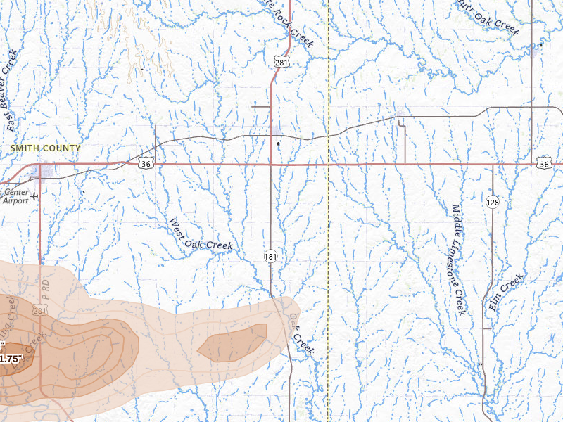 Radar-estimated hail-size map of the storm over Lebanon, KS on Apr 25, 2026