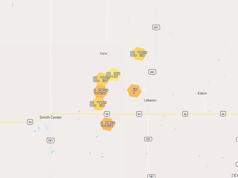 Hail map of Lebanon, KS on Jun 3, 2026, hail up to 1.25"