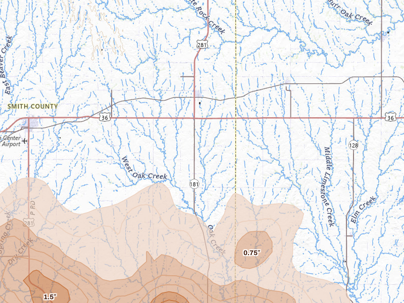Radar-estimated hail-size map of the storm over Lebanon, KS on Jun 8, 2026