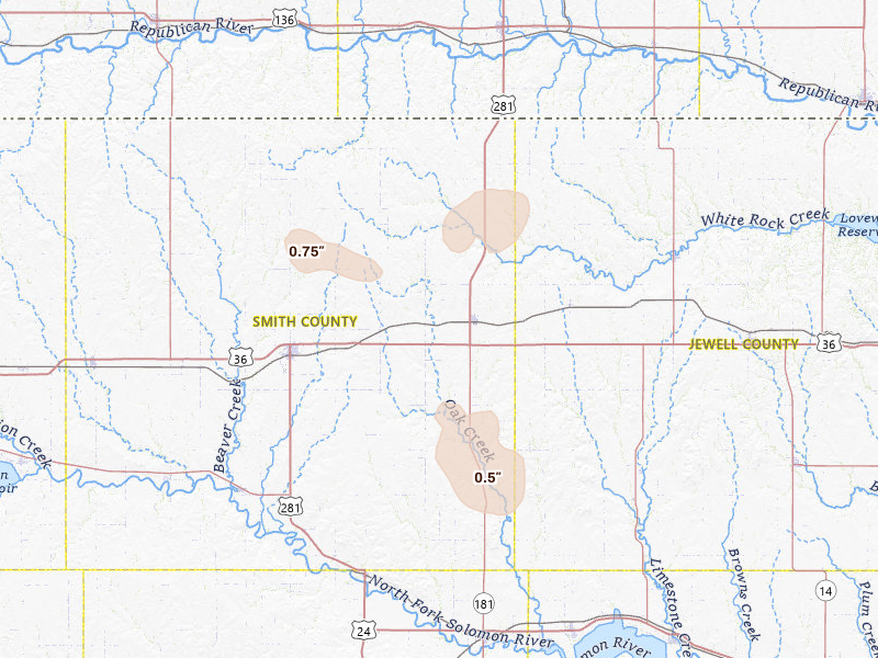 Radar-estimated hail-size map of the storm over Lebanon, KS on Aug 21, 2026