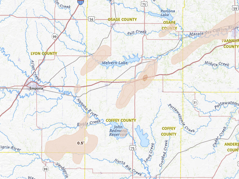Radar-estimated hail-size map of the storm over Lebo, KS on Mar 10, 2026