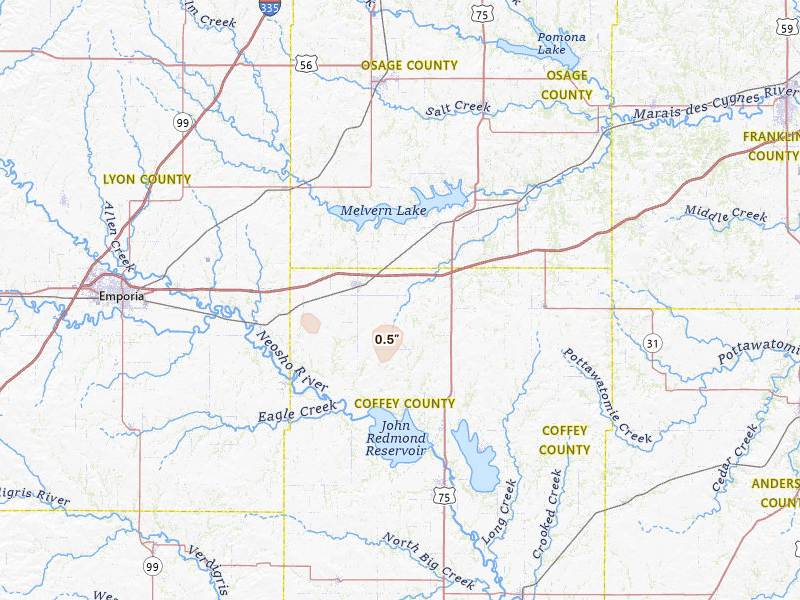 Radar-estimated hail-size map of the storm over Lebo, KS on Apr 9, 2026