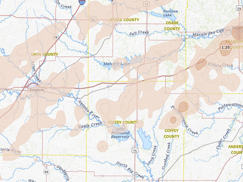 Radar-estimated hail-size map of the storm over Lebo, KS on Apr 17, 2026