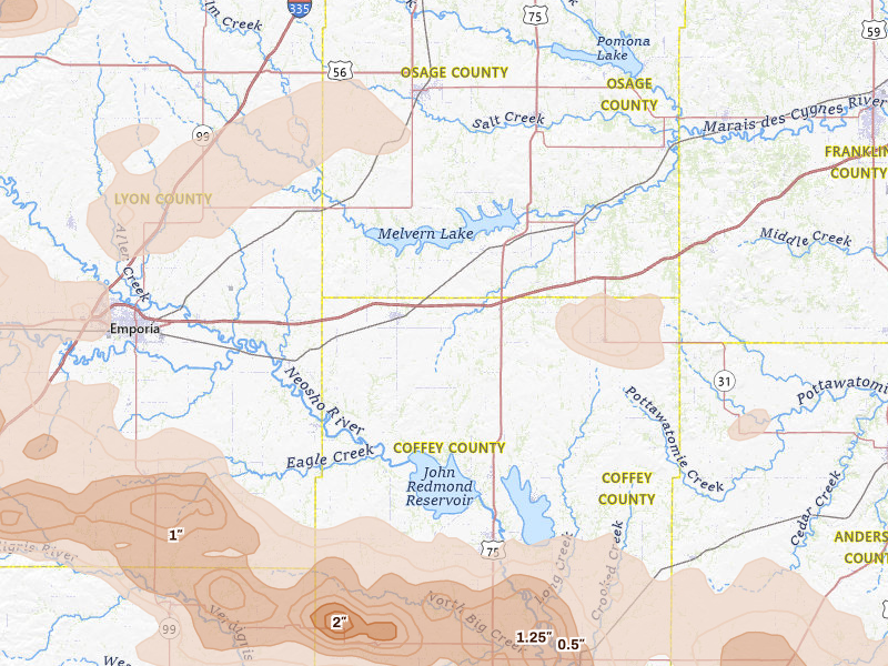Radar-estimated hail-size map of the storm over Lebo, KS on May 31, 2026