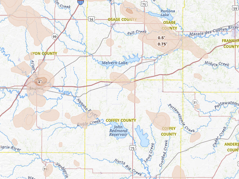 Radar-estimated hail-size map of the storm over Lebo, KS on Jul 4, 2026