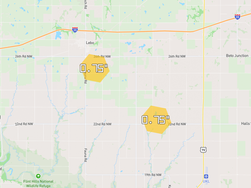 Hail map of Lebo, KS on Jul 4, 2026, hail up to 0.75"