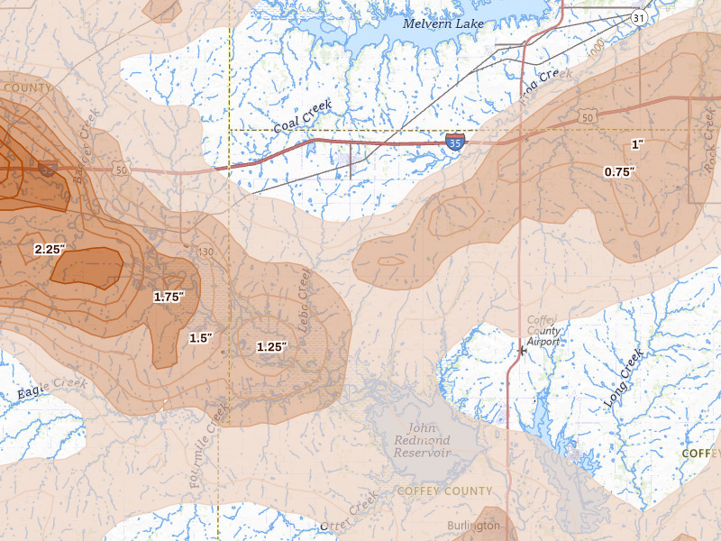 Radar-estimated hail-size map of the storm over Lebo, KS on Aug 5, 2026