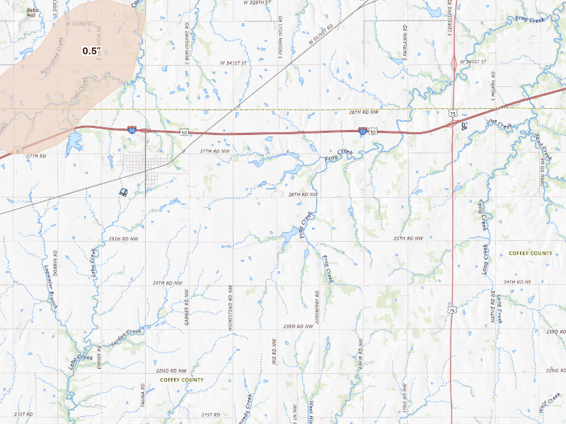 Radar-estimated hail-size map of the storm over Lebo, KS on Sep 15, 2026