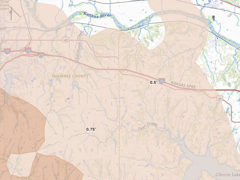 Radar-estimated hail-size map of the storm over Lecompton, KS on Jun 8, 2026
