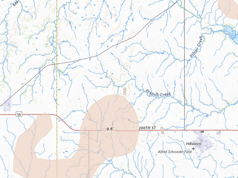 Radar-estimated hail-size map of the storm over Lehigh, KS on Mar 6, 2026