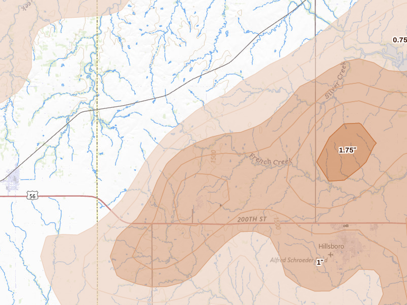Radar-estimated hail-size map of the storm over Lehigh, KS on Apr 23, 2026