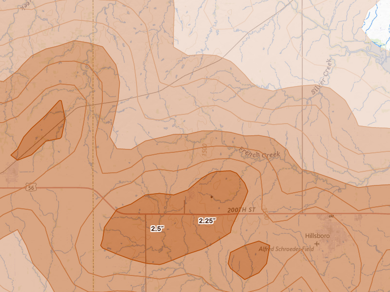 Radar-estimated hail-size map of the storm over Lehigh, KS on Apr 26, 2026
