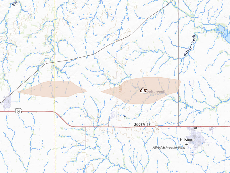 Radar-estimated hail-size map of the storm over Lehigh, KS on May 4, 2026