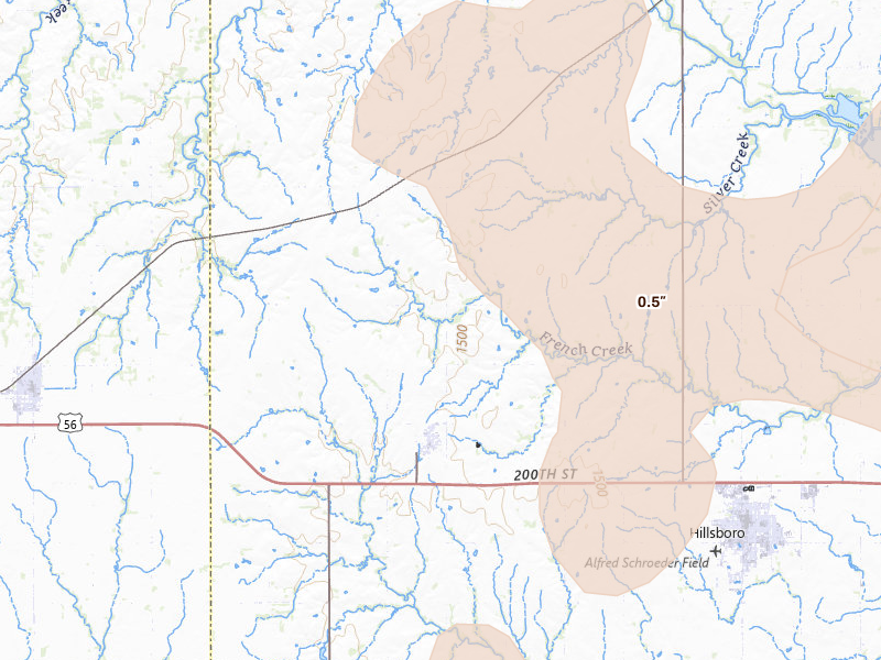Radar-estimated hail-size map of the storm over Lehigh, KS on Jun 8, 2026