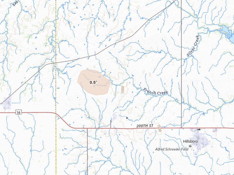 Radar-estimated hail-size map of the storm over Lehigh, KS on Jul 4, 2026