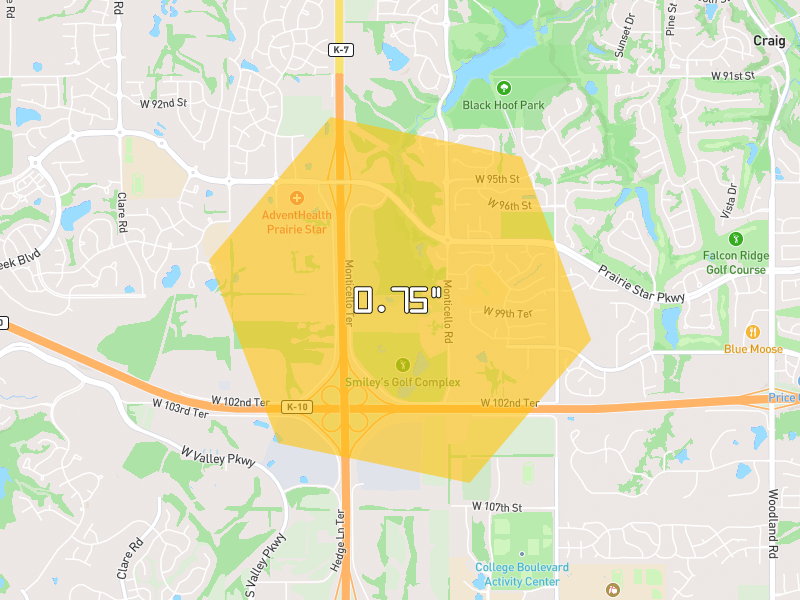 Hail map of Lenexa, KS on Jun 9, 2026, hail up to 0.75"